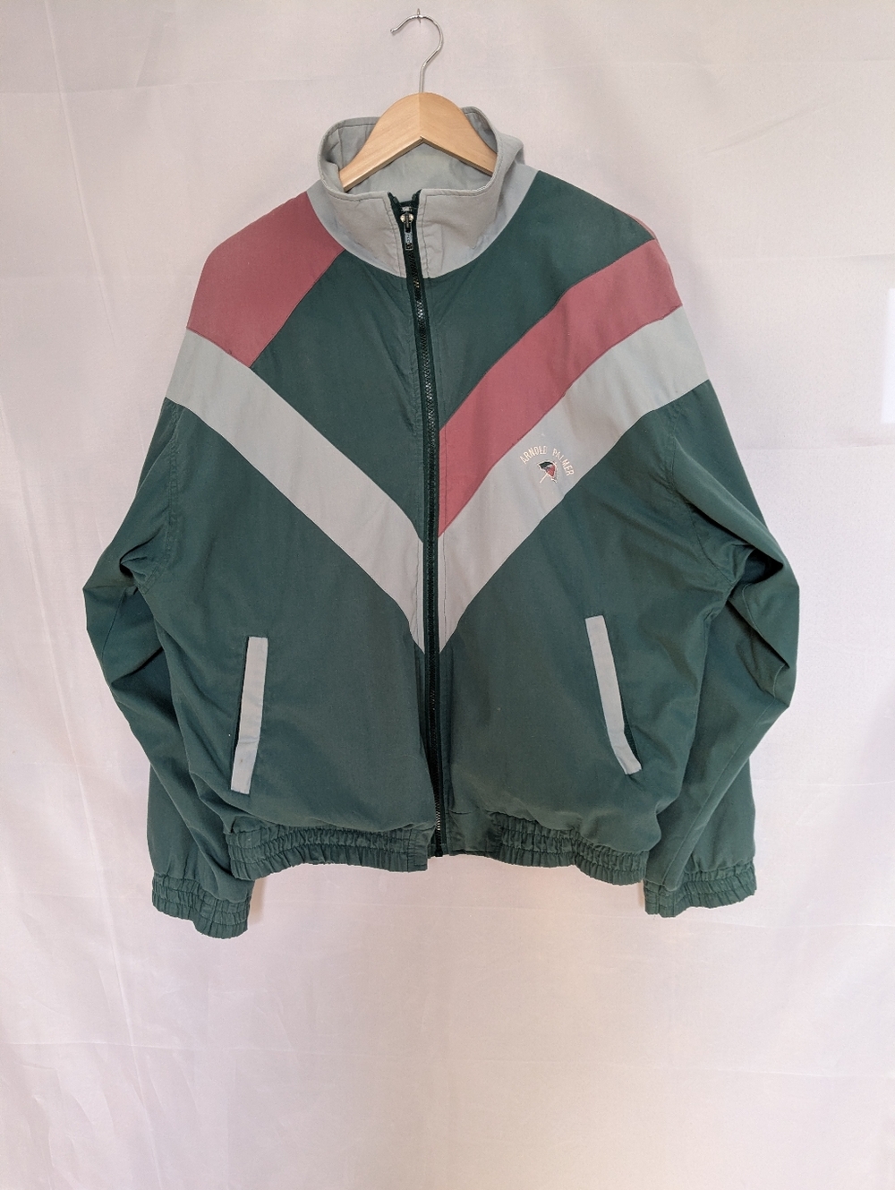 Vintage Arnold Palmer Track Jacket Green Gray Pink Oversized Cotton Lined 80s